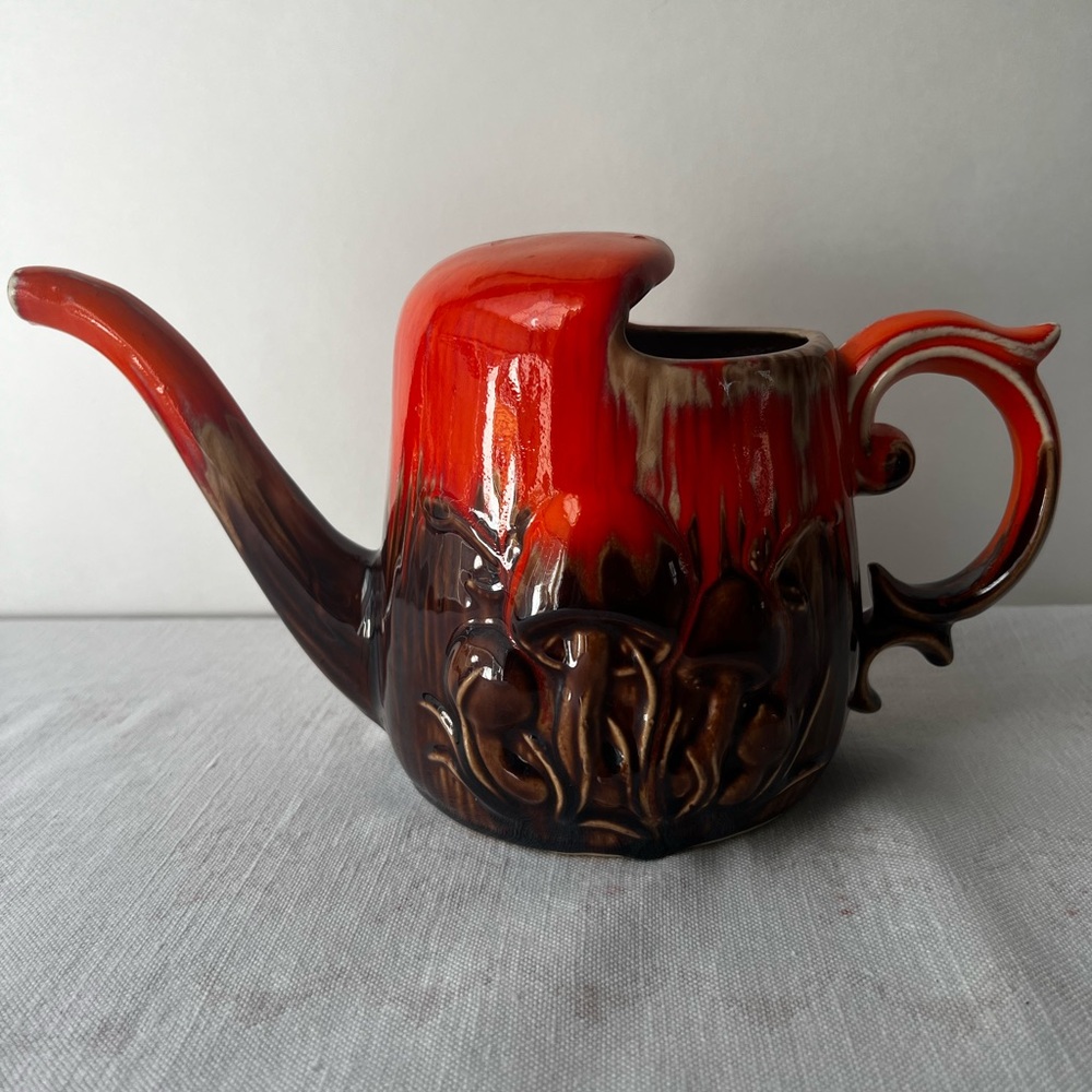 Vintage Ceramic Mushroom Pitcher with Red and Brown Glaze